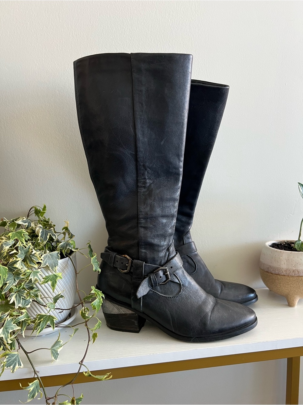 MJUS made in Italy Classic Tall Leather Riding Boots - Navy Blue with Buckle